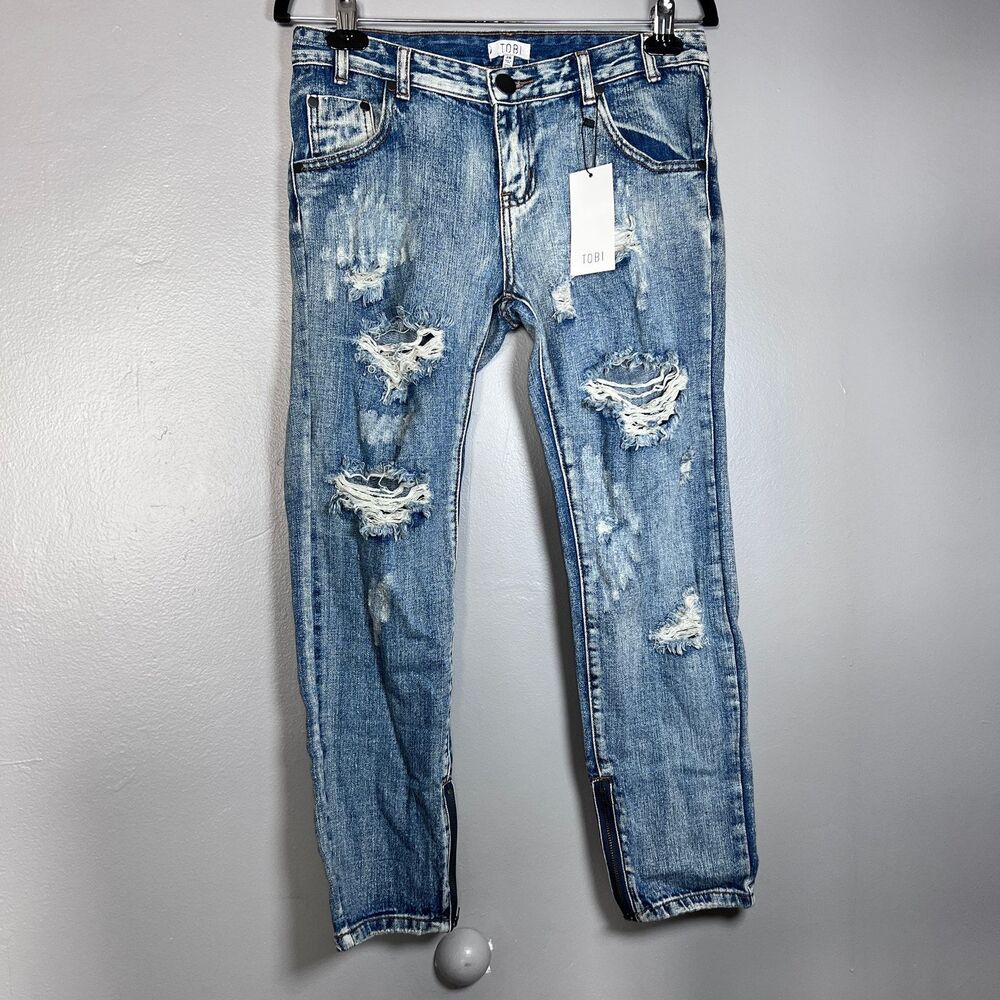 TOBI Women’s Boyfriend Jeans Sz 26 Blue Distressed Ripped Relaxed Fit NWT
